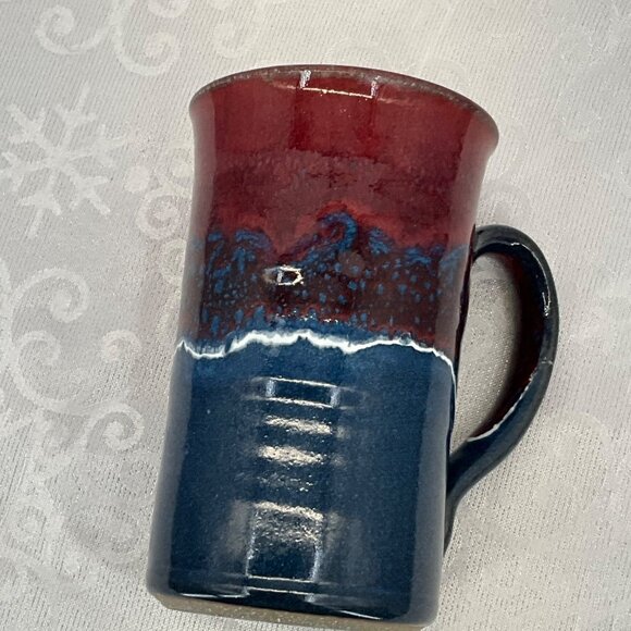 Handmade Ceramic Coffee Mug With Red & Blue Glaze 16 Oz Capacity Unique Signed D - Picture 3 of 7